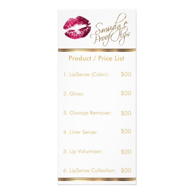 Hot Pink Glitter on White Lip Price List Rack Card (Front)