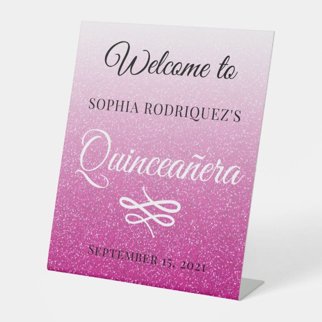 Hot Pink Glitter Quinceañera 15th Birthday Welcome Pedestal Sign (Front)