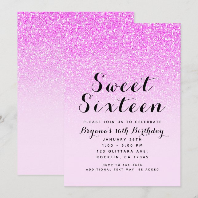 Hot Pink Glitter Sparkle Glam Sweet 16 Party Invitation (Front/Back)