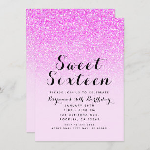 Hot Pink Glitter Sparkle Glam Sweet 16 Party Invitation