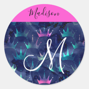 Hot Pink Glitter Sparkles Mermaid Crowns Monogram Classic Round Sticker