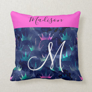 Hot Pink Glitter Sparkles Mermaid Crowns Monogram Cushion