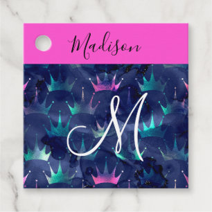 Hot Pink Glitter Sparkles Mermaid Crowns Monogram Favour Tags