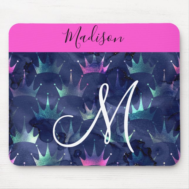Hot Pink Glitter Sparkles Mermaid Crowns Monogram Mouse Pad (Front)