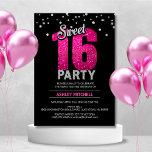 Hot Pink Glitter Sparkles SWEET SIXTEEN 16 Party Invitation<br><div class="desc">Throwing a sweet sixteen party? Need ideas? Get these modern and trendy custom templates so you can DIY easily.  Black and hot pink with faux silver foil and glitter .Affordable but not cheap looking. Personalise these invites for your next sweet 16 party.</div>