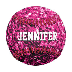 Hot pink glitter sparkles Your name Team Baseball