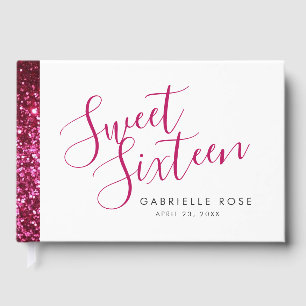 Hot Pink Glitter Stripe Modern Sweet 16 Guest Book