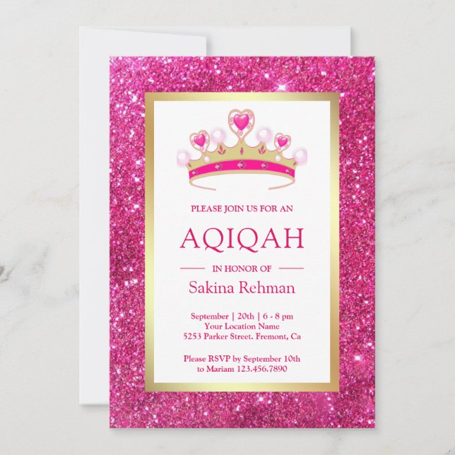 Hot Pink Glitter Tiara Princess Aqiqah Invitation (Front)