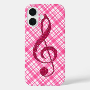 Hot Pink Glitter Treble Clef on Pink Plaid iPhone 16 Case