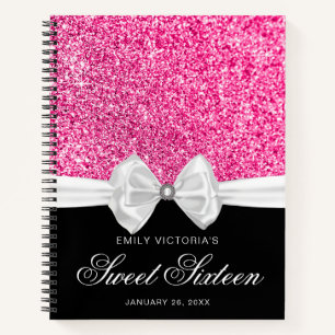 Hot Pink Glitter White Bow Sweet 16 Guestbook Notebook