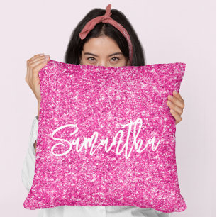 Hot Pink Glitter White Brush Script Cushion