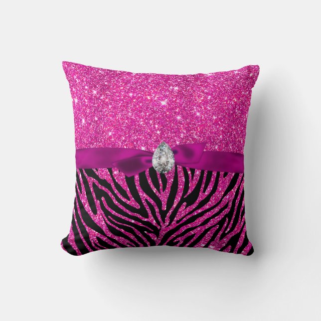Hot Pink Glitter Zebra Pattern Ribbon Diamond Cute Cushion (Front)
