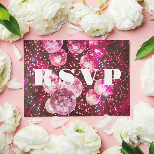 Hot Pink Glitters Retro Disco Ball Wedding RSVP Enclosure Card