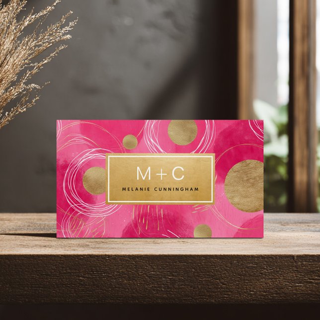 Hot Pink Gold Abstract Monogram Business Cards (Creator Uploaded)