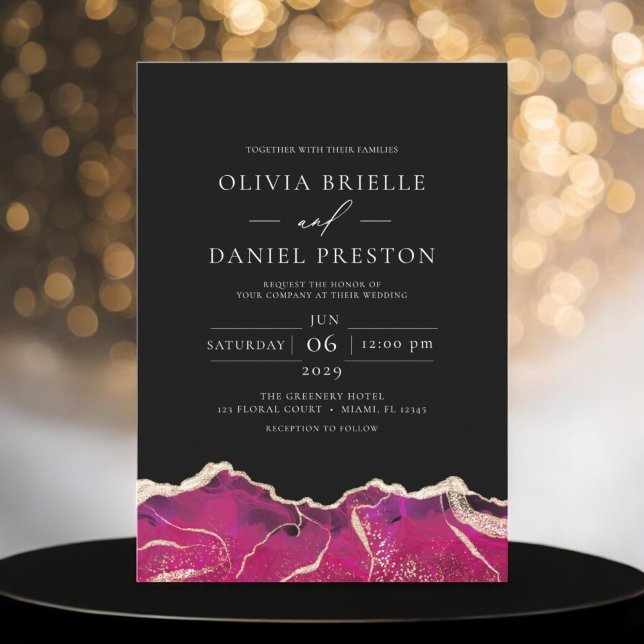 Hot Pink Gold Agate Elegant Modern Wedding Invitation (Creator Uploaded)