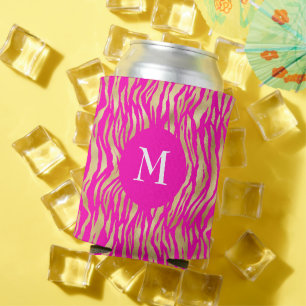 Hot Pink Gold Animal Print Monogram Glam Chic Bold Can Cooler
