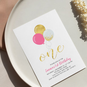 Hot Pink & Gold Balloons 1st Girl Birthday Party Invitation