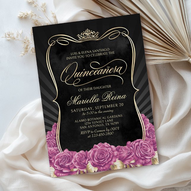 Hot Pink Gold Black Quinceañera Invitation (Creator Uploaded)