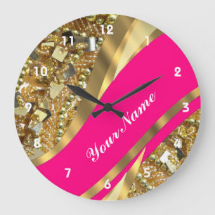 Hot pink & gold bling large clock