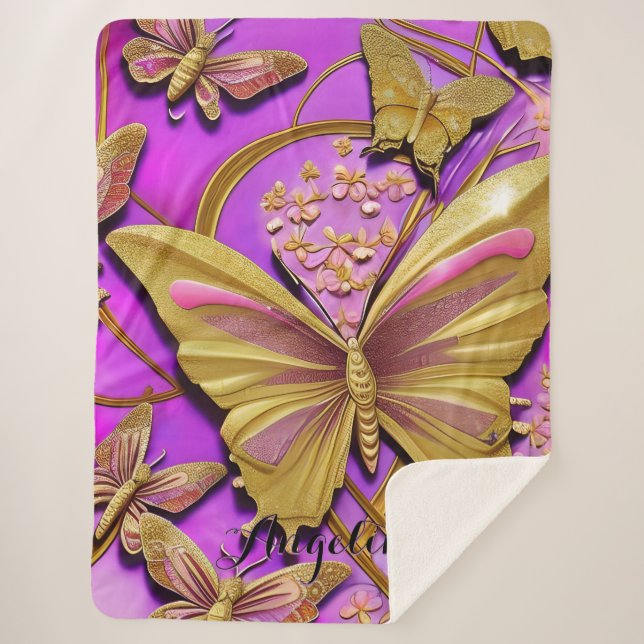 Hot Pink Gold Butterfly Personalised Name Sherpa Blanket (Front)