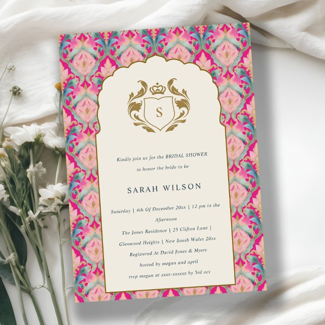 Hot Pink Gold Classy Floral Laurel Bridal Shower Invitation (Creator Uploaded)