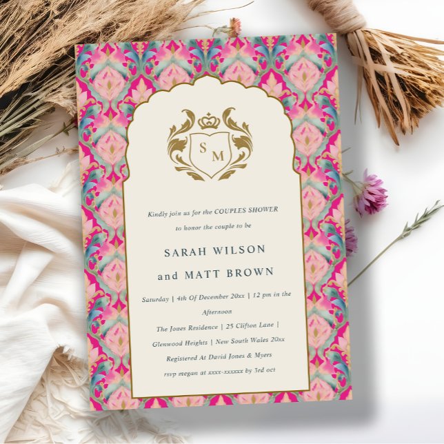 Hot Pink Gold Classy Floral Laurel Couples Shower Invitation (Creator Uploaded)