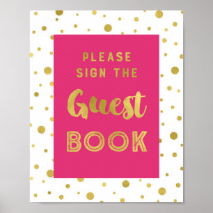 Hot Pink Gold Confetti Guest Book Wedding Sign