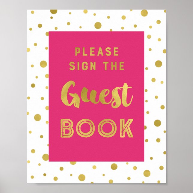 Hot Pink Gold Confetti Guest Book Wedding Sign (Front)