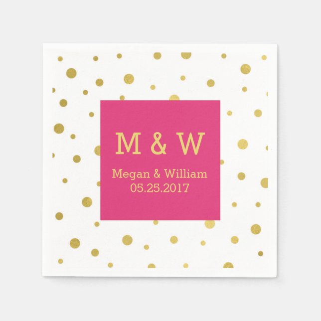 Hot Pink Gold Confetti Wedding Monogram Napkin (Front)