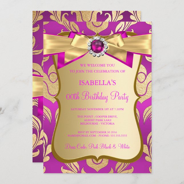 Hot Pink Gold Damask Bow Birthday Party Invite (Front/Back)