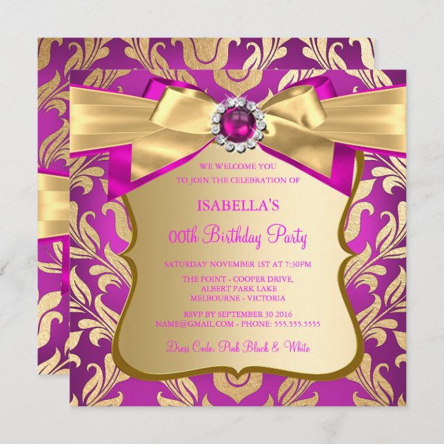 Hot Pink Gold Damask Bow Birthday Party Invite 2 (Front/Back)