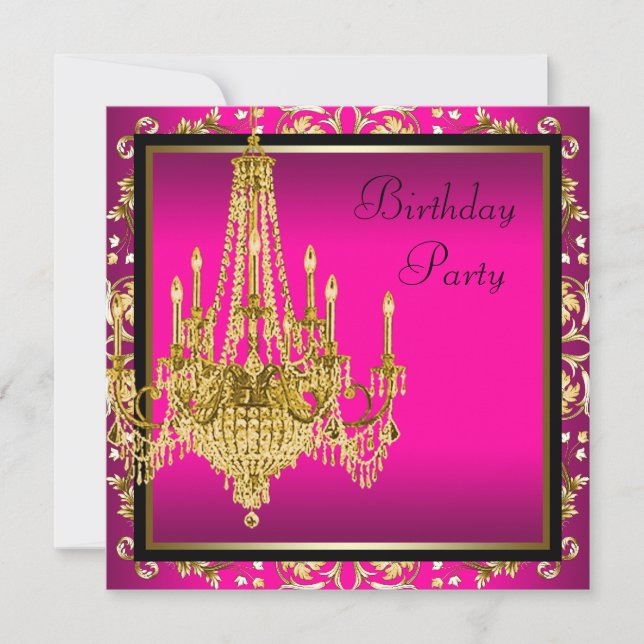 Hot Pink Gold Damask Chandelier Birthday Party Invitation (Front)