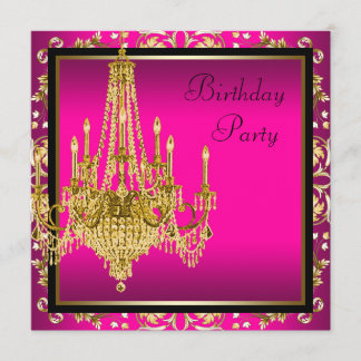 Hot Pink Gold Damask Chandelier Birthday Party Invitation