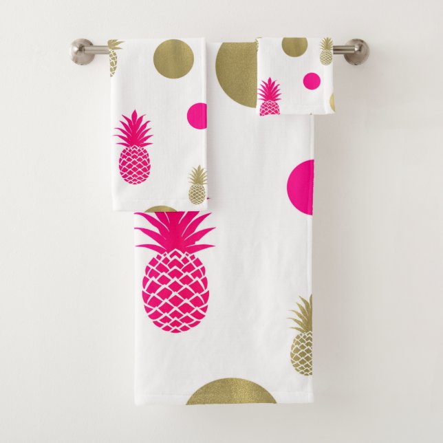 Hot Pink & Gold Dots & Pineapples Fun Summer Chic Bath Towel Set (Insitu)