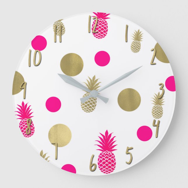 Hot Pink & Gold Dots & Pineapples Fun Summer Chic Large Clock (Front)