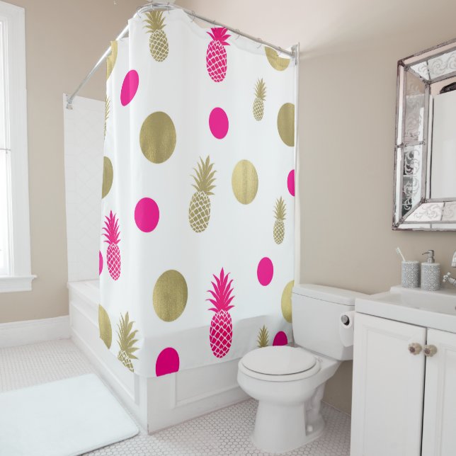 Hot Pink & Gold Dots & Pineapples Fun Summer Chic Shower Curtain (In Situ)