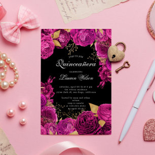 Hot Pink Gold Exclusive Floral Quinceanera  Invitation