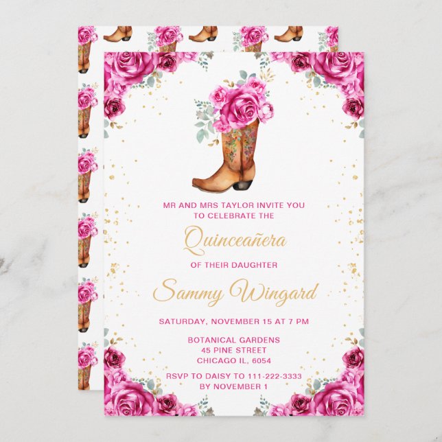Hot Pink Gold Floral Cowboy Boot Quinceañera Invitation (Front/Back)