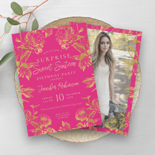 Hot Pink & Gold Floral Photo SURPRISE Sweet 16   Invitation