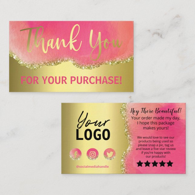 Hot Pink Gold Foil Agate Thank You Purchase Business Card (Front/Back)