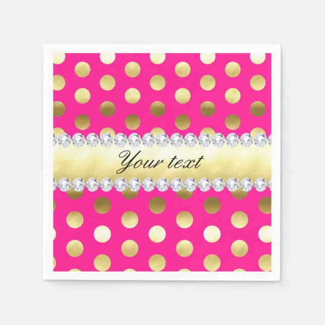 Hot Pink Gold Foil Polka Dots Diamonds Napkin (Front)