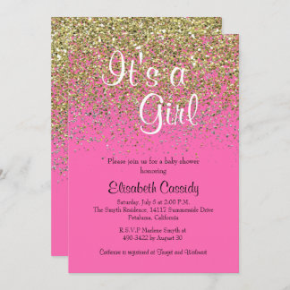 Hot Pink & Gold Glitter  Baby Shower Invite