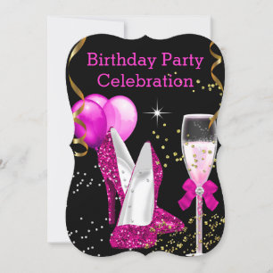 Hot Pink Gold Glitter Balloons Birthday Party Invitation