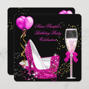 Hot Pink Gold Glitter Black Birthday Party Invitation