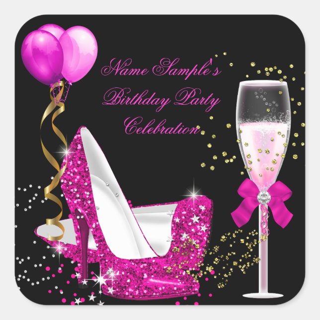 Hot Pink Gold Glitter Black Birthday Party Square Sticker (Front)