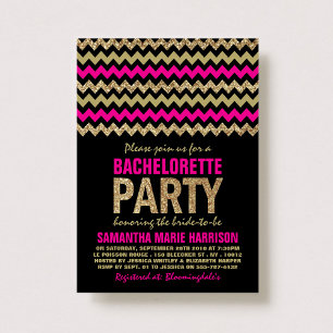 Hot Pink & Gold Glitter Chevron Bachelorette Party Invitation