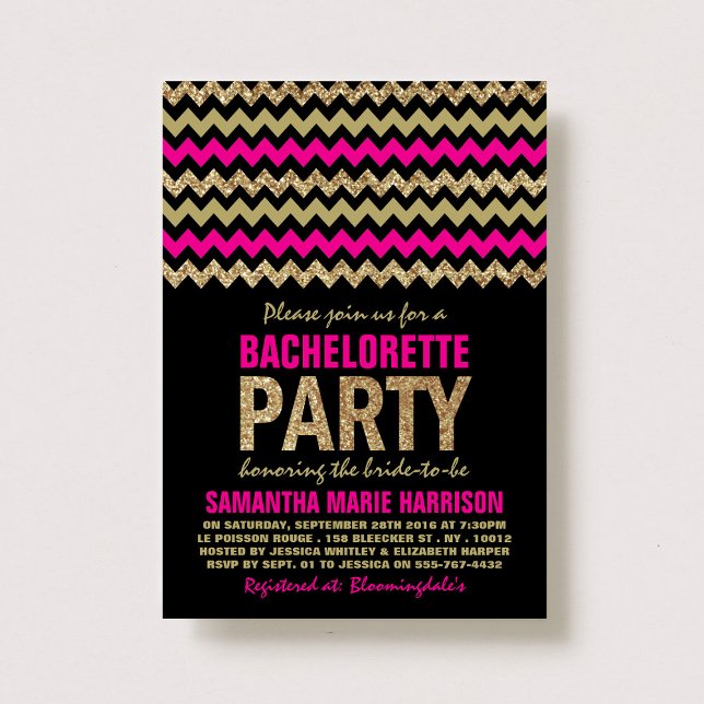 Hot Pink & Gold Glitter Chevron Bachelorette Party Invitation (Creator Uploaded)