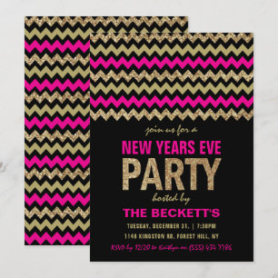 Hot Pink & Gold Glitter Chevron New Years Party Invitation