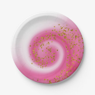 Hot Pink & Gold Glitter Ombre Kids Birthday Party Paper Plate