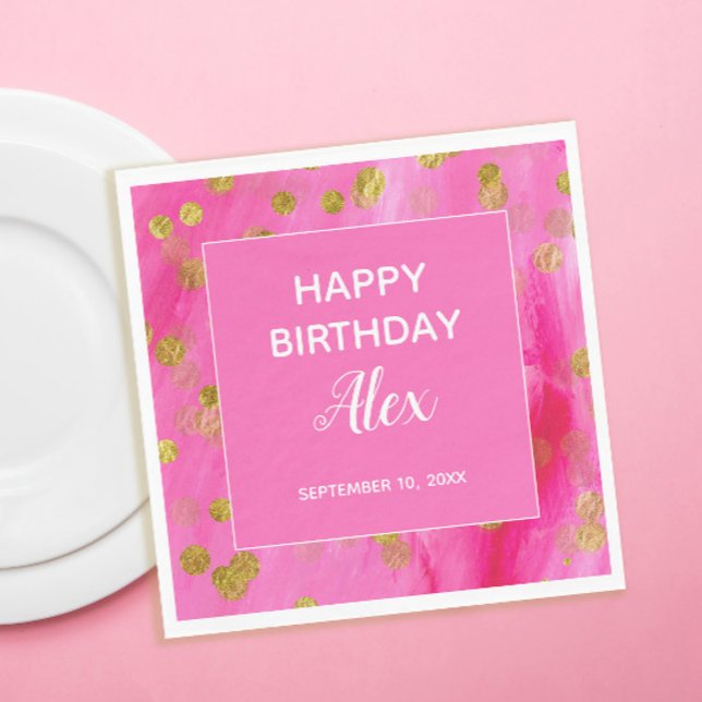 Hot Pink Gold Glitter Surprise Birthday Party  Napkin (Hot pink and gold glitter birthday party paper napkins)